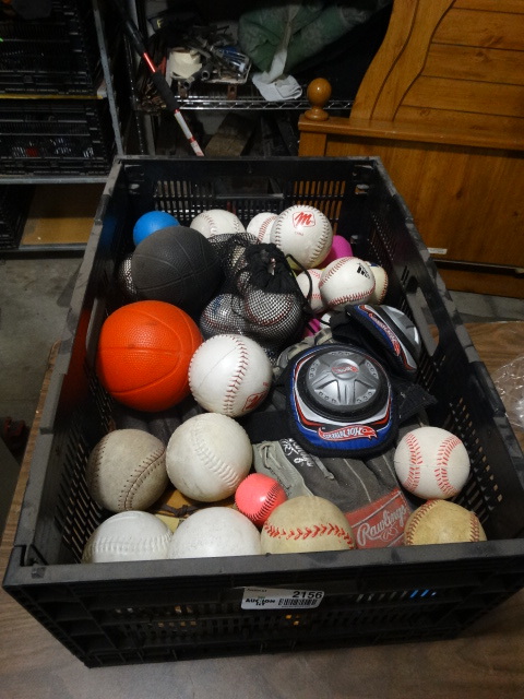 lot 2156 image: Lot of Baseballs, catching mitts, wiffle ball tee and childrens plastic golf clubs