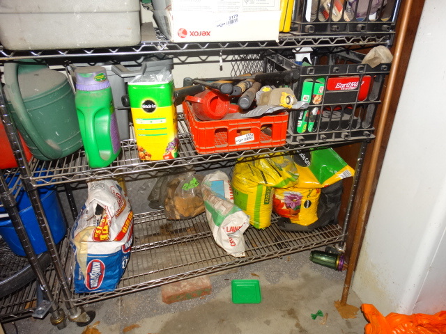 lot 2180 image: Two Shelves of Gardening Tools and Products