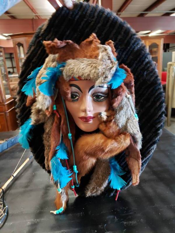lot 7517 image: Native American Princess Fur Wall Decor Head