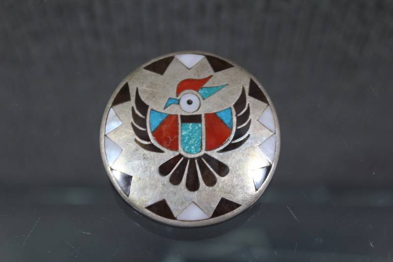 lot 2411 image: Native American Sterling Silver Bird Pendant With Stone Inlay
