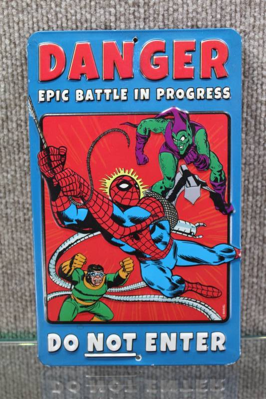 lot 2428 image: Spider Man Tin Do Not Enter Sign. Reads Danger Epic Battle in Progress