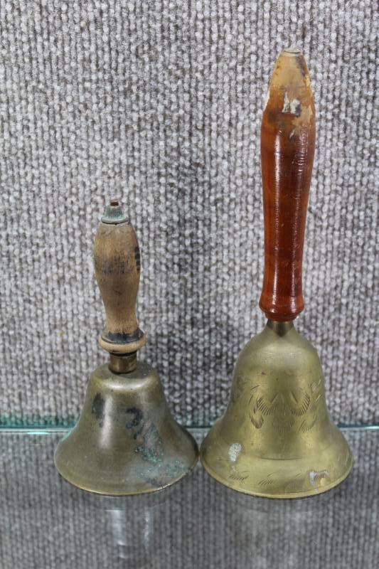 lot 2433 image: Lot of 2 Antique Brass Wood Handled School Bells