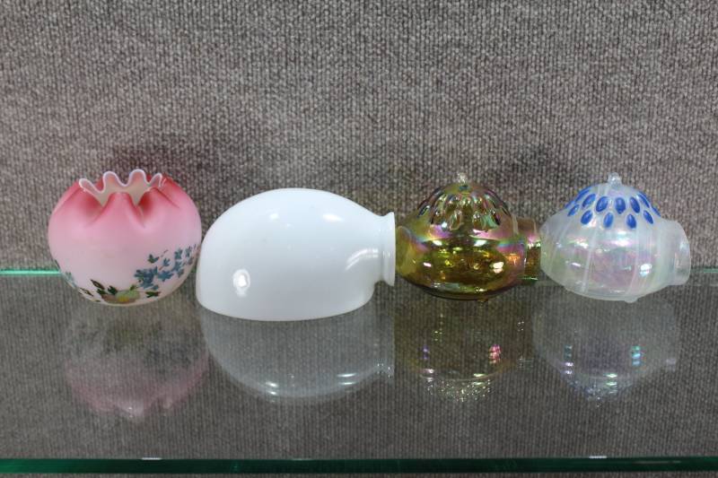 lot 2454 image: Lot of 4 Vintage Glass Items. 2 Flycatchers, Milk Glass globe, and Rose Bowl