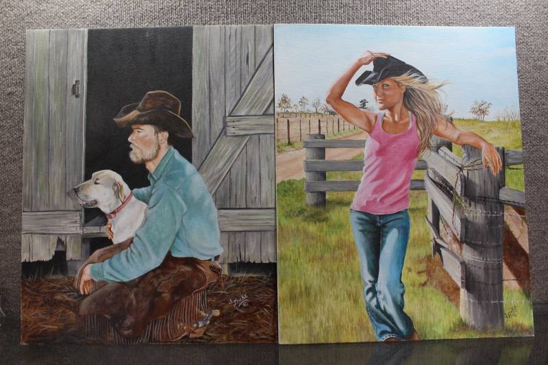 lot 2474 image: Lot of 2 Western Style Cowboy and Girl Art Paintings Signed by J. Duke 18X16