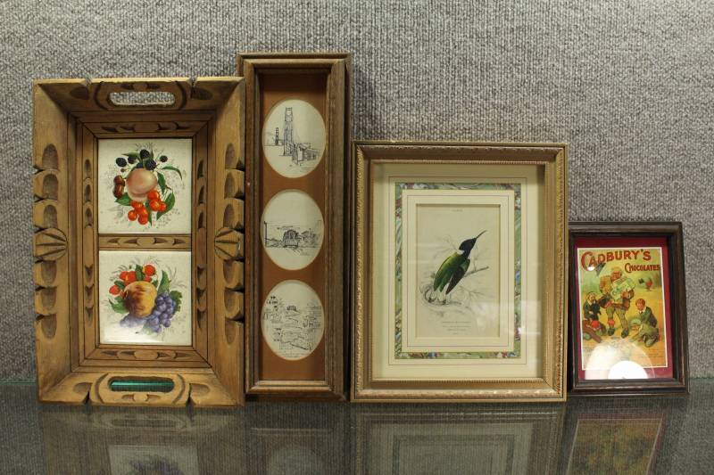 lot 2478 image: Set of 4 Vintage Framed Art Prints Wall Hangings. San Francisco Illustrations, Cadburys Chocolates Ad.