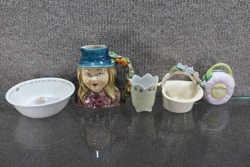 lot 2463 image: Lot of 5 Story Book Decor Items. Beatrix Potter Bowl Girl Head Creamer. See Photos for Details