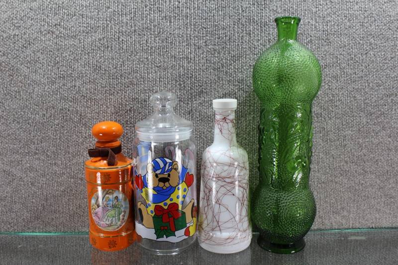 lot 2464 image: Lot of 4 Tall Glass and Ceramic Jars Decanters. Enesco and Anchor Hocking