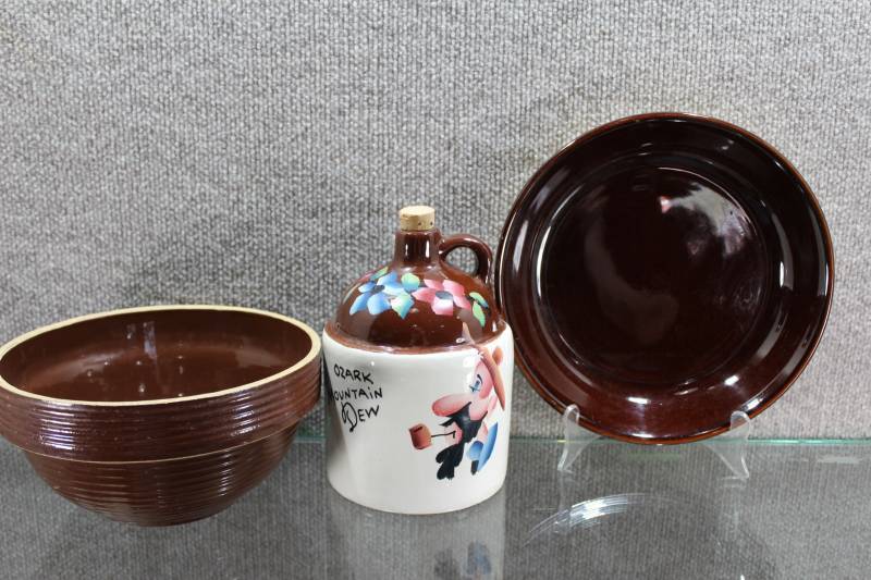 lot 2466 image: Lot of 3 Crock Style Dishes. Mountain Dew Crock Jug, Crock Bowl, and Pie Plate
