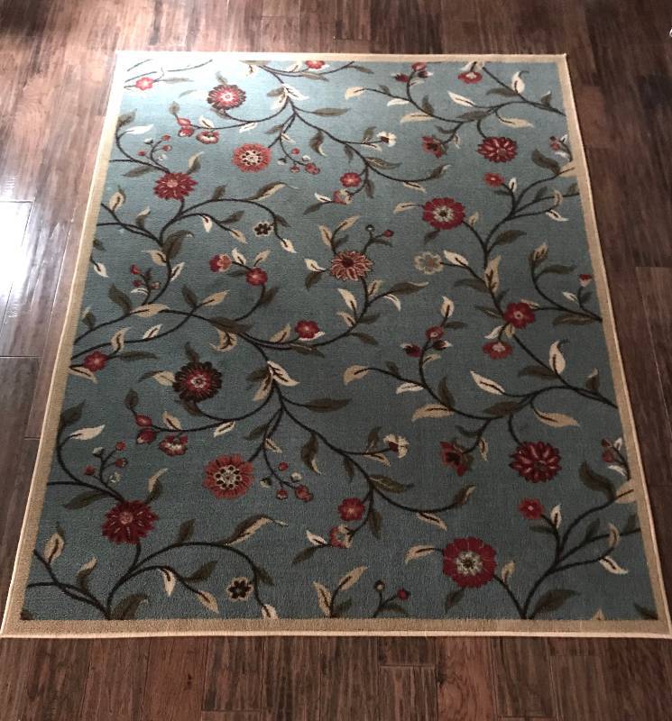 lot 1012 image: Ottomanson Floral Garden Design Area Run 5 x 6 6-Color is Sage GreenBlue (has so slip rubber backing)