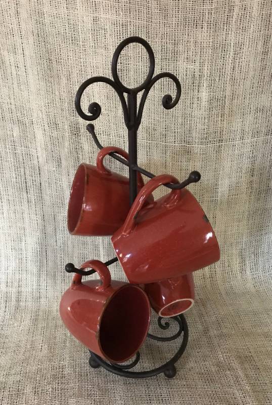 lot 1041 image: Oil Rubbed Bronze mug tree with 4 rustic Pier One CoffeeTea Mugs