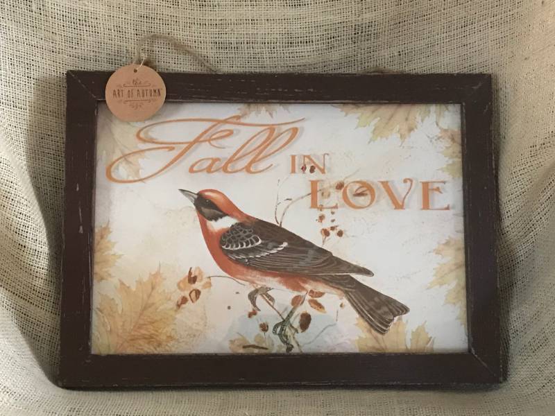 lot 1066 image: Fall in Love--Hanging bird wall decor with rustic wood frame