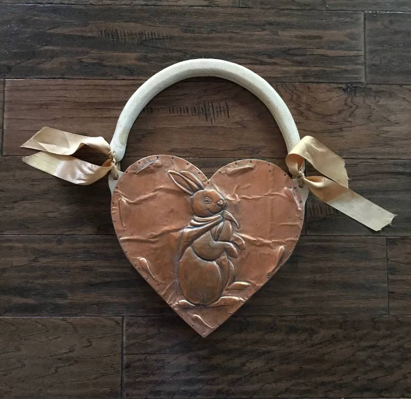 lot 1100 image: Wood Heart Wall Hanging Embossed with copper bunny