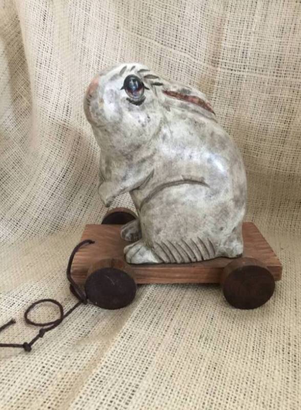 lot 1159 image: Adorable wood bunny on cart with wheels