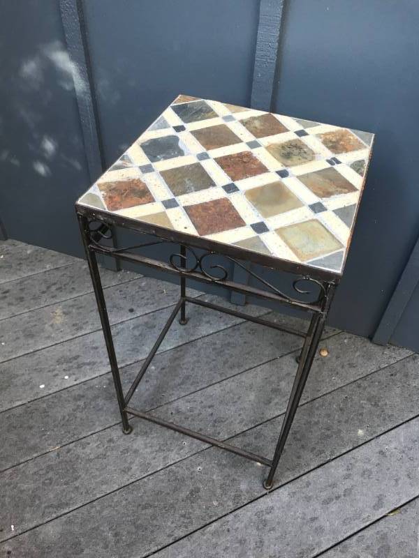 lot 1247 image: IndoorOutdoor mosaic side tableplant stand-Oil rubbed bronze metal on bottom