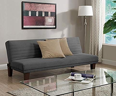 lot 17353 image: DHP Dillan Convertible Futon with Microfiber Upholstery, Grey, Box Shipping Damage, New