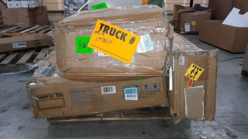 lot 17360 image: Pallet of Assorted Items w Missing Parts, Playset, TV Stand, Crib, New but Missing Parts