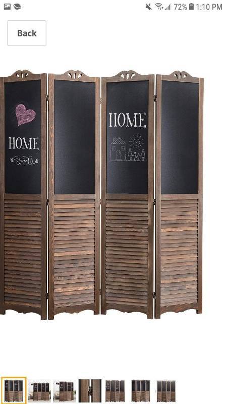 lot 18253 image: MyGift 4-Panel Rustic Wood Louvered Room Divider with Chalkboard Panels & Two-Way Hinges