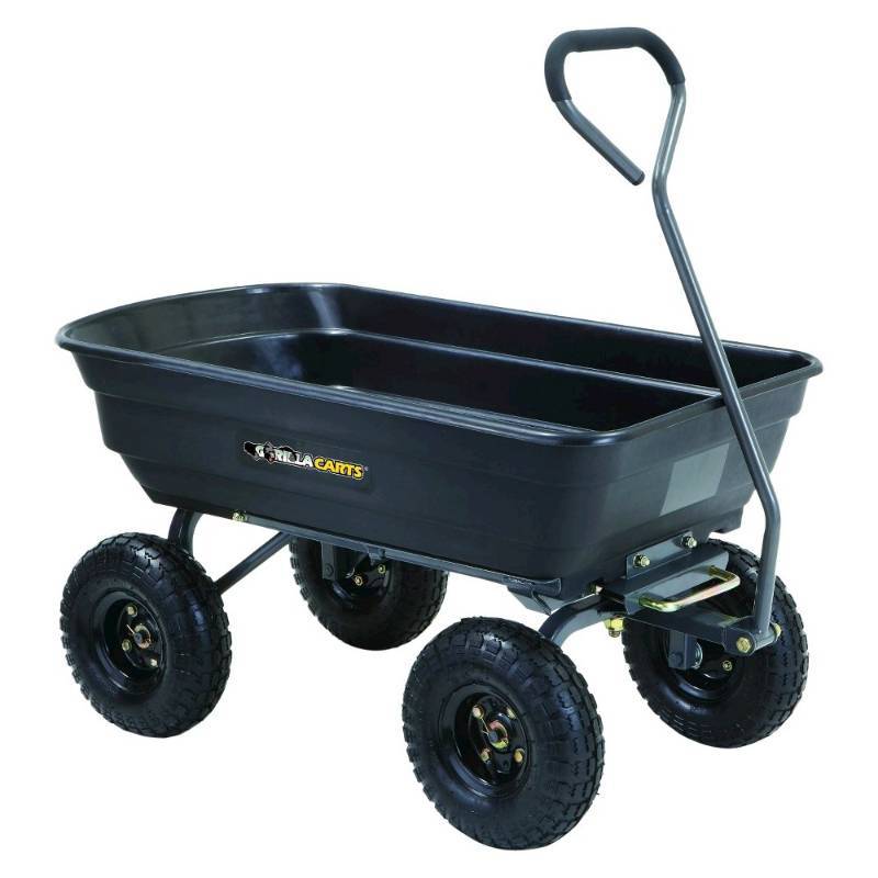 lot 16919 image: Outdoor Serving Cart Gorilla Carts Poly Garden Dump Cart with Steel Frame and Pneumatic Tires, 600-Pound Capacity, Black