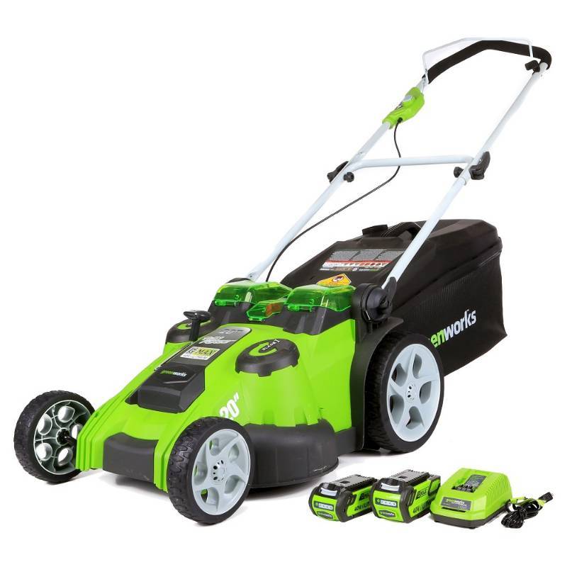 lot 17361 image: Greenworks 25302 40V G-MAX Cordless Lithium-Ion 20 in. 2-in-1 Twin Force Lawn Mower w 2 Liithium Ion Batteries & Charger, Some Assembly Required