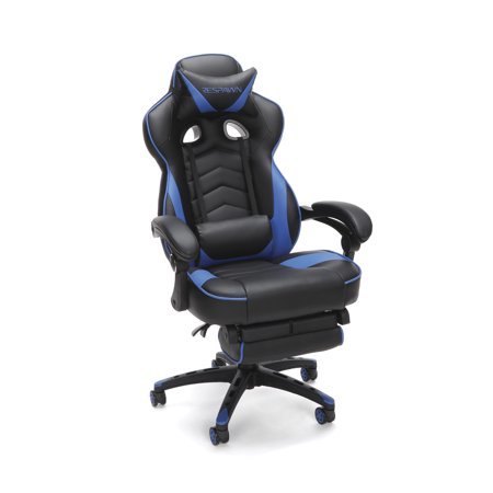 lot 18313 image: 110 Racing Style Reclining Ergonomic Leather Gaming Chair with Footrest Blue - Respawn