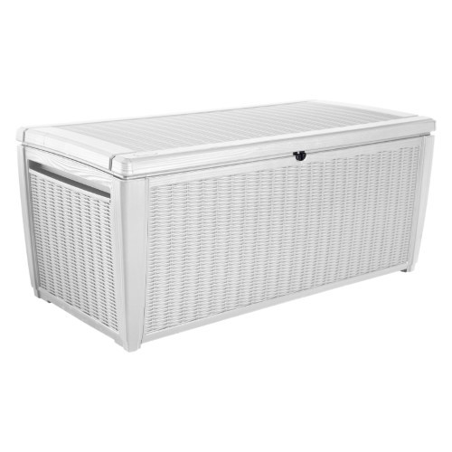lot 18336 image: Keter Sumatra 135 Gallon Rattan Style Deck Box White