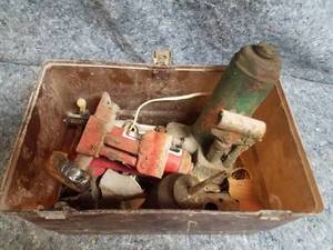 lot 14036 image: Mixed Garage Items Including Vintage Bottle Jacks and Oil Can