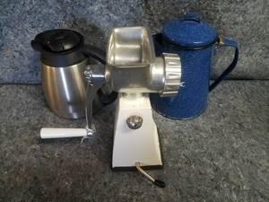 lot 14062 image: Vintage Meat Grinder and Two Teapots