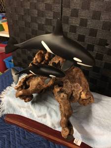 lot 1583 image: John Perry Studio Pellucida Gallery Mother and Calf Orca Burl Base