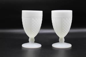 lot 1584 image: Pair Milk Glass Wine Goblets - Waffle Pattern
