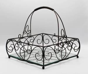 lot 1548 image: Decorative Square Metal Basket Server w Glass Bottom (removable handle)