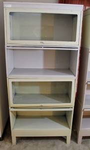 lot 1523 image: Vintage Beige Stackable Barrister Style Metal Cabinet with Glass Roll-top Doors (matches lot 1524)