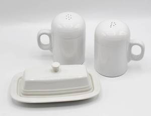 lot 1614 image: Fiesta Ware White Covered Butter Dish and White Stove Top Salt and Pepper Set