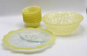lot 1615 image: Vintage Canary Yellow Divided Glass Serving Dish and 7 Canary Yellow Basket Weave Glass Bowls - Possibly Fenton Vaseline Glass