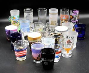 lot 1620 image: 25 Souvenir Shot Glasses - Florida, Cancun, Texas, Amsterdam, Chicago, Philadelphia and many more