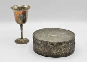 lot 1623 image: Wine Glass and Decorative Metal Jewelry Box
