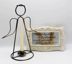 lot 1626 image: Iron Angel Candle Holder and Framed Glass Saying with Psalm 11824