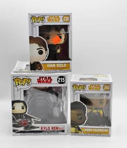 lot 1644 image: Star Wars Funko Pop New in Box #215 Kylo Ren with tie fighter, #238 Han Solo and #240 Lando Clarissian