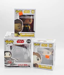lot 1645 image: Star Wars Funko Pop New in Box #215 Kylo Ren with tie fighter, #238 Han Solo and #240 Lando Clarissian