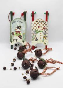 lot 1725 image: Rustic Christmas Bells and Decorative Christmas Sleds Wall Decor