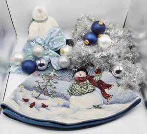 lot 1756 image: Snowman Design BlueWhite Tapestry Tree Skirt, Thomas OBrien Penguin and Blue & White Ornaments