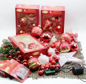 lot 1757 image: Red, White & Gold Christmas Ornaments galore and Light Up Tree Top Star