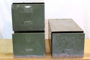 lot 1670 image: Vintage, 3 Army Green Industrial Metal Filing Boxes