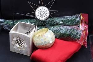 lot 1750 image: 24 Tabletop Trees (4), Rustic Tree Topper & Candle Box, and New Sugar Cookie Candle