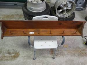 lot 7153 image: Wood shelf and coat hanger.