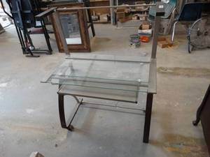lot 7202 image: Glass, wood and metal computer desk.