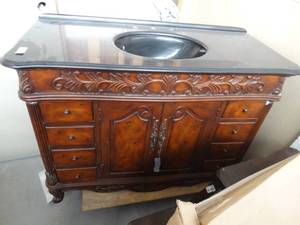 lot 7209 image: Beautiful high end Carved wood bathroom vanity cabinet w granite top