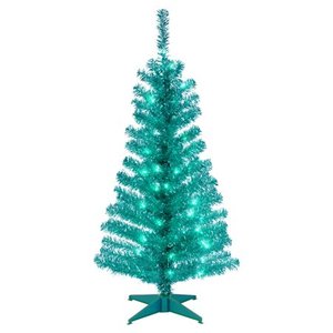 lot 2346 image: National Tree Company 4 Turquoise Tinsel Tree With Plastic Stand & 70 Clear Lights
