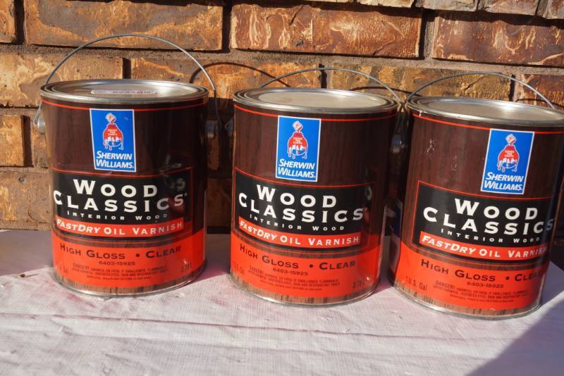 lot 94214 image: 3 Gallon Cans of Sherwin Williams Wood Classics Oil Varnish - Some Tinted and Some New Product - MISTINT PAINT SALE