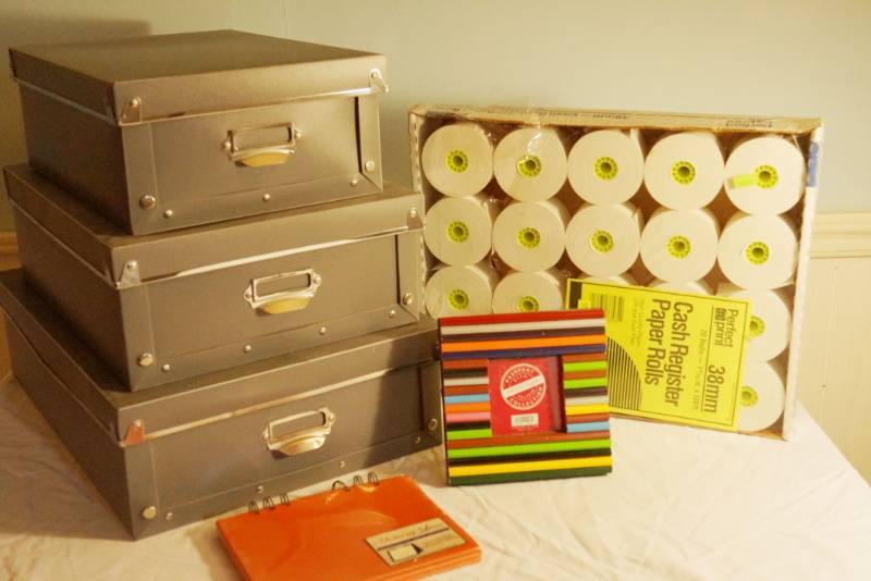 lot 1442 image: Office Supplies-adding machine tape rolls-new-picture frame-cute-Three stackingfoldable with snaps plastic storage boxes-Organize your office space