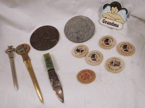 lot 4296 image: Lot of Misc. Items - Letter Openers, Wooden Nickels and Coin Coasters
